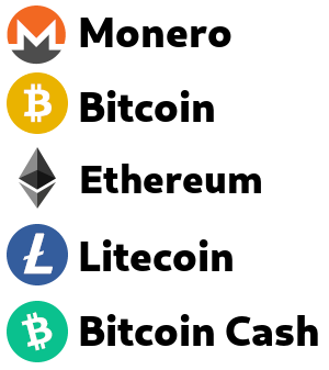 We accept Monero, Bitcoin, Etherium, Litecoin, and Bitcoin Cash. If you use a different coin, please exchange it first.